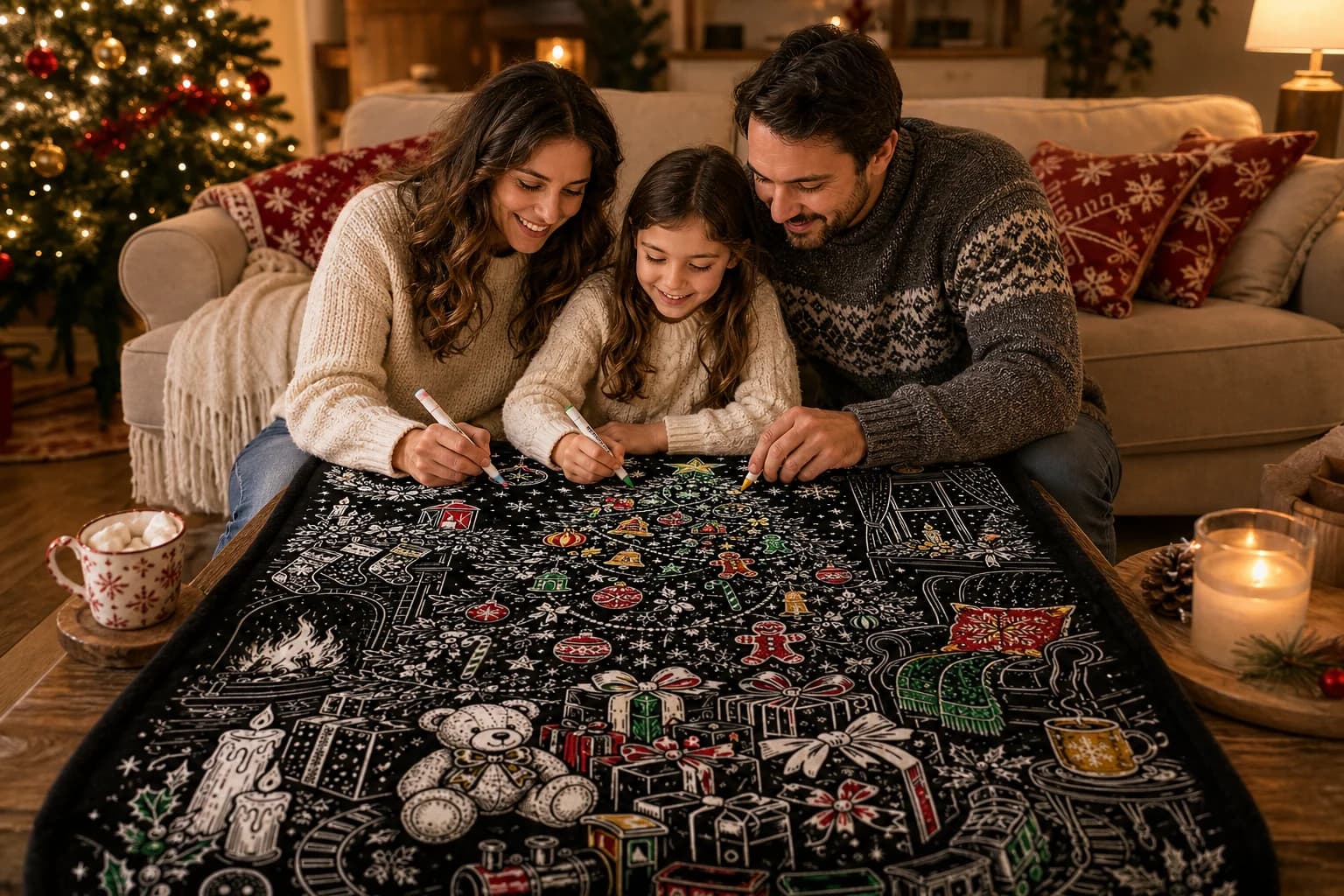 Lifestyle illustration of a family coloring a giant Christmas blanket together