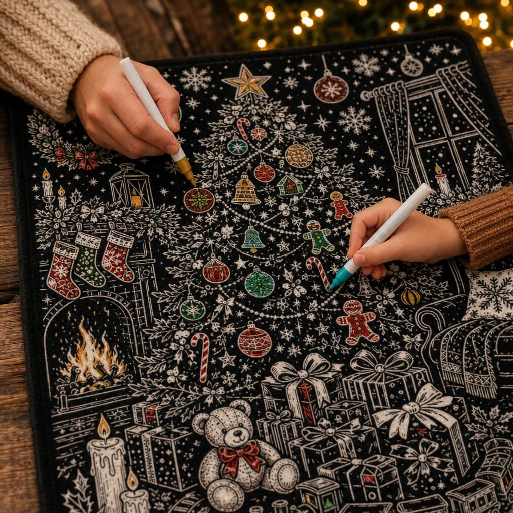 Lifestyle illustration of coloring Christmas artwork directly on the blanket